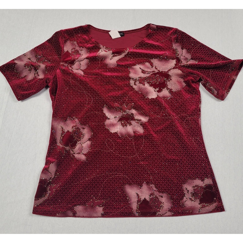 C.O.C. Women's Short-Sleeve Velvet-style Blouse Red Floral Embellished Size M